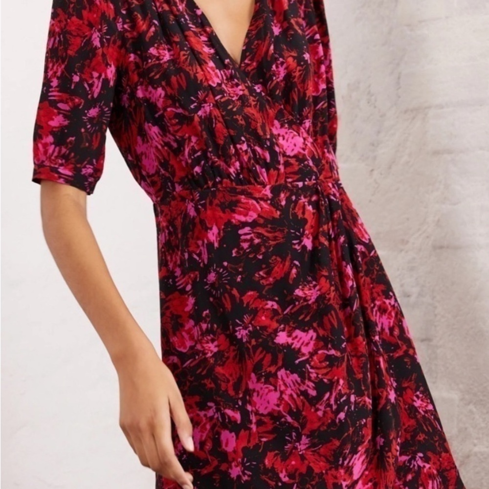 The Kooples Pink and Red Ruched Wrap Midi Dress